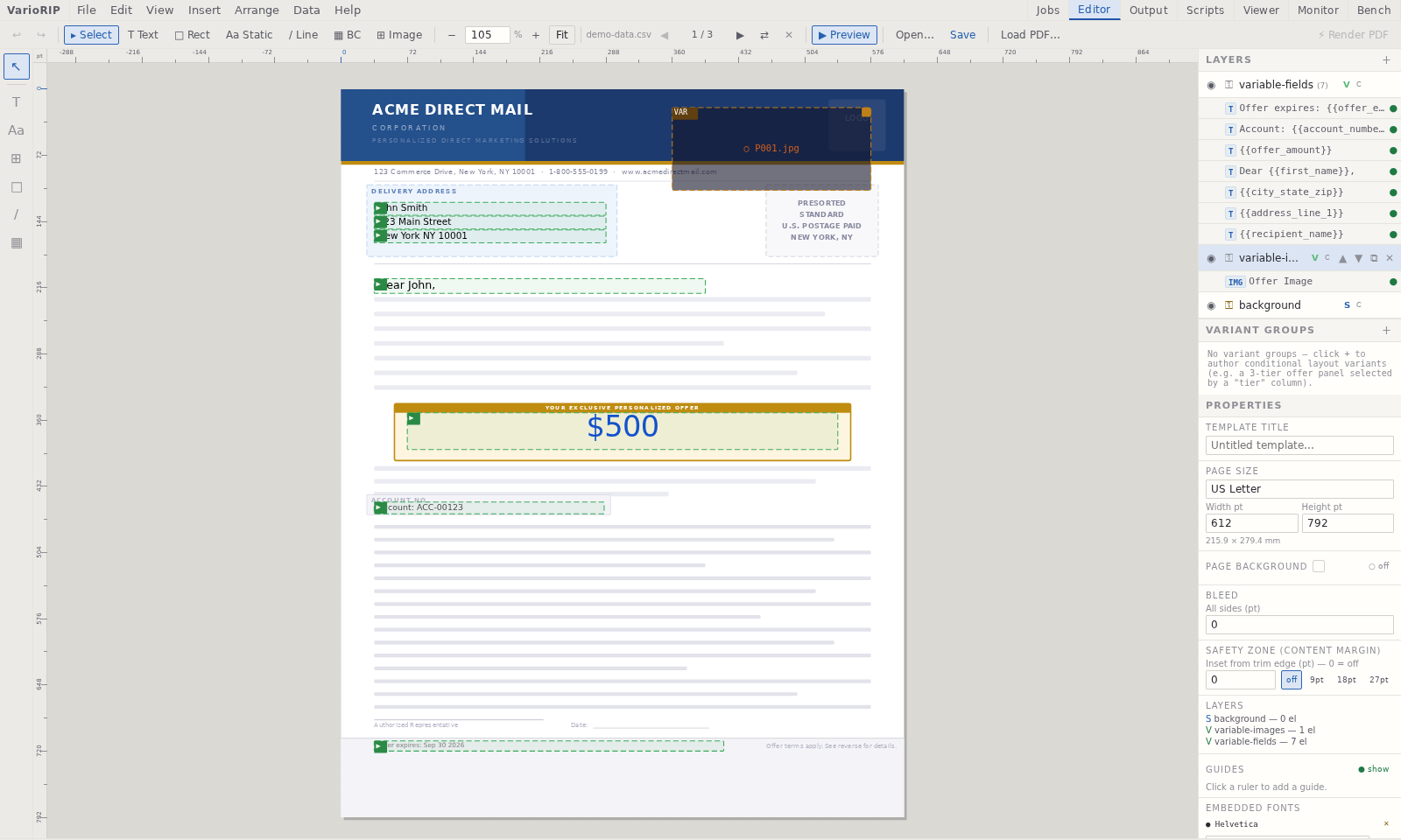 VarioRIP editor shown in the Comfort theme