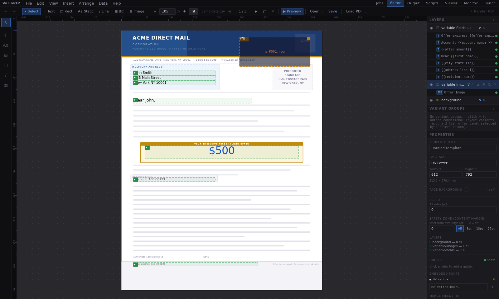 VarioRIP editor shown in the Dark theme